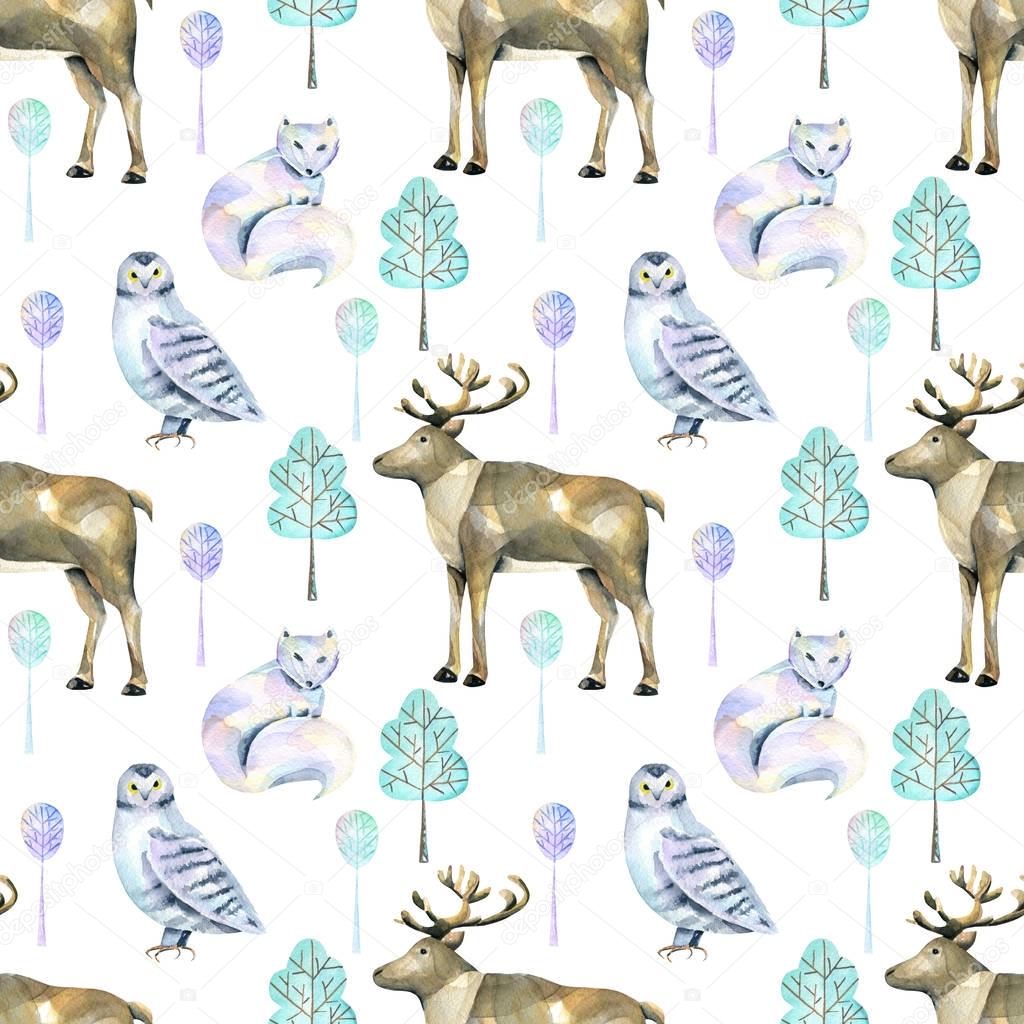 Watercolor polar deers, arctic foxes and owls in the forest seamless pattern, hand painted on a white background