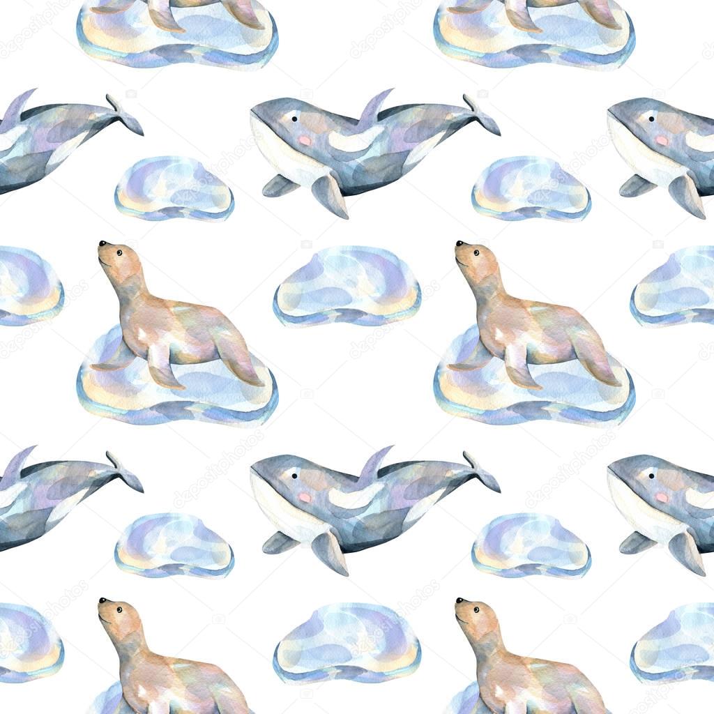 Watercolor fur seals on ice floes and whales seamless pattern, hand painted on a white background