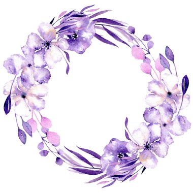 Suluboya mor ormangülü çiçek ve çelenk şubeleri, düğün, doğum günü ve diğer tebrik kartları için beyaz bir arka plan üzerinde elle çizilmiş izole 