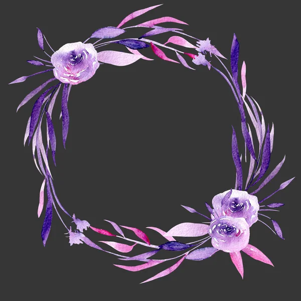 Watercolor Purple Roses Branches Wreath Hand Drawn Isolated Dark Background — Stock Photo, Image