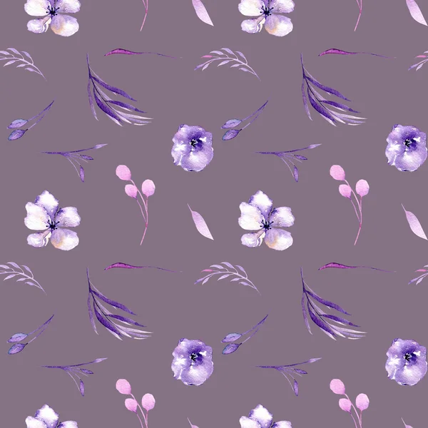 水彩紫色杜鹃花花和树枝无缝花纹 手绘紫色背景 花卉印花 — 图库照片