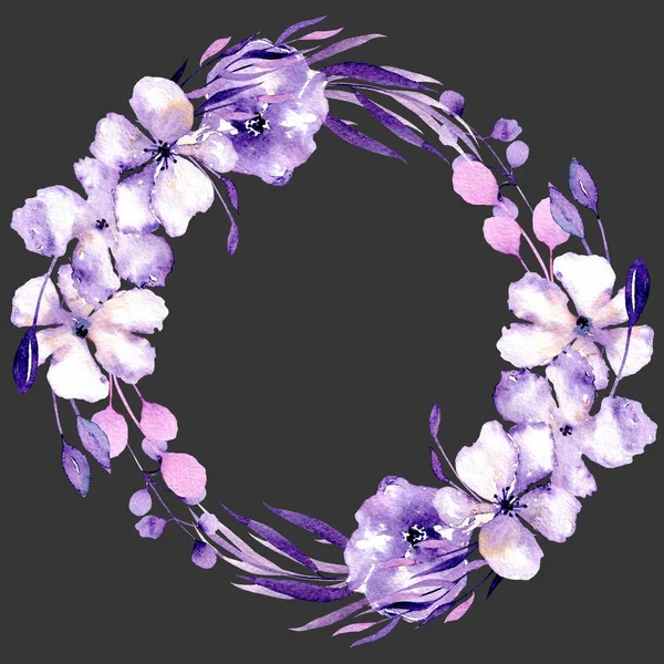 Watercolor Purple Rhododendron Flowers Branches Wreath Hand Drawn Isolated Dark — Stock Photo, Image