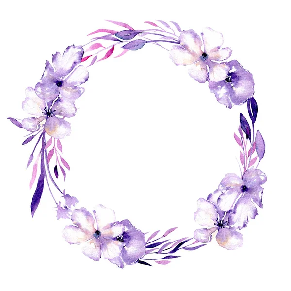 Watercolor Purple Rhododendron Flowers Wreath Hand Drawn Isolated White Background — Stock Photo, Image