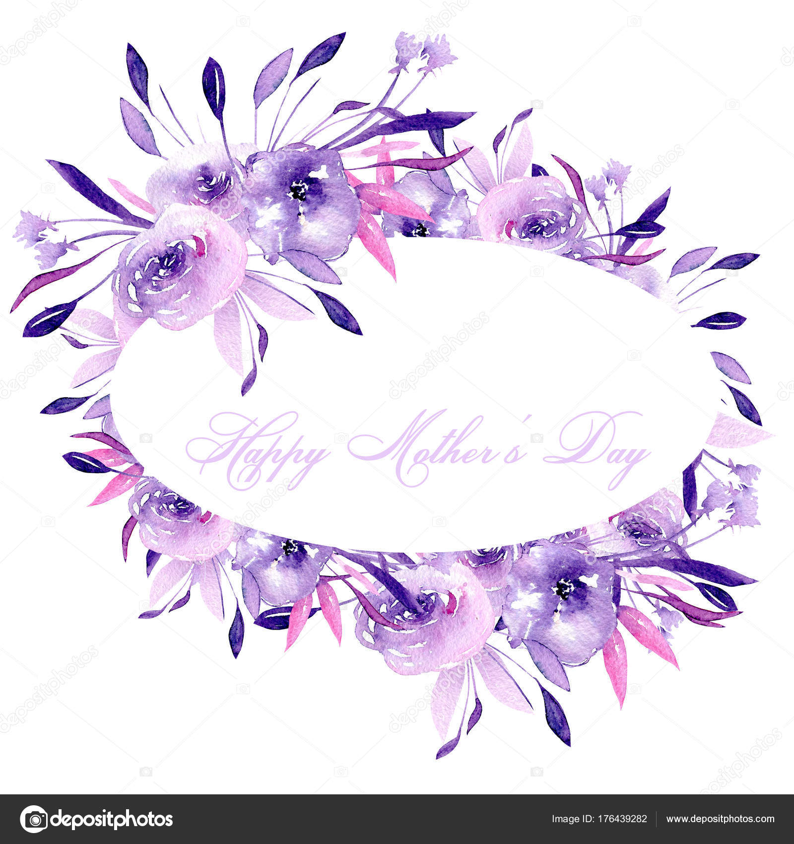 Borde Marco Oval Con Rosas Ramas Color Púrpura Acuarela Dibujado  Ilustración de stock #176439282 de ©NastyaSklyarova, image size:1600x1700
