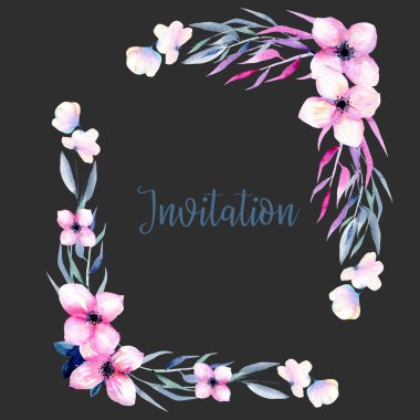 Suluboya kır çiçekleri ve dalları sınırları pembe ve mavi tonlarında köşe, karanlık bir arka plan, anneler günü, doğum günü ve diğer tebrik kartları üzerinde elle çizilmiş izole 
