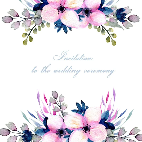 Greeting floral card template with watercolor pink and blue wildflowers and field grasses, hand drawn on a white background, Mother\'s day, birthday, wedding and other greeting cards