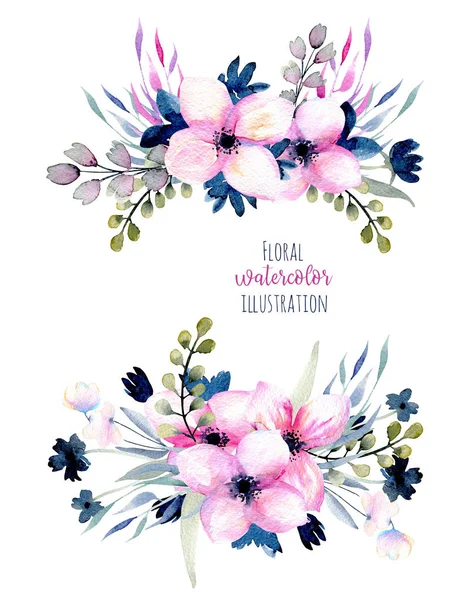 Watercolor Pink Blue Wildflowers Field Grasses Bouquets Set Hand Drawn — Stock Photo, Image