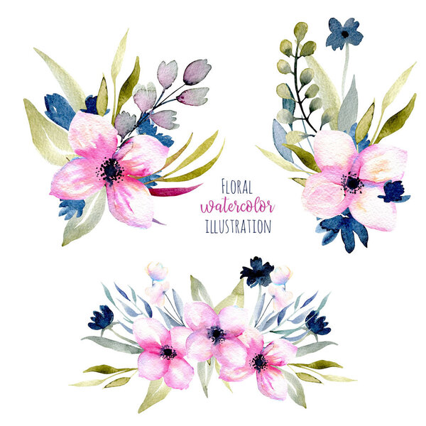 Watercolor pink and blue wildflowers and field grasses bouquets set, hand drawn isolated on a white background, Mother's day, birthday and other greeting cards 