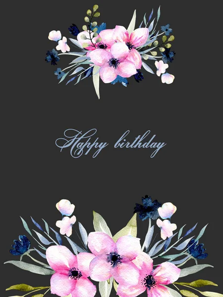 Pozdrowienie Szablon Karty Pola Trawy Akwarela Różowe Niebieskie Kwiaty Ręcznie — Zdjęcie stockowe