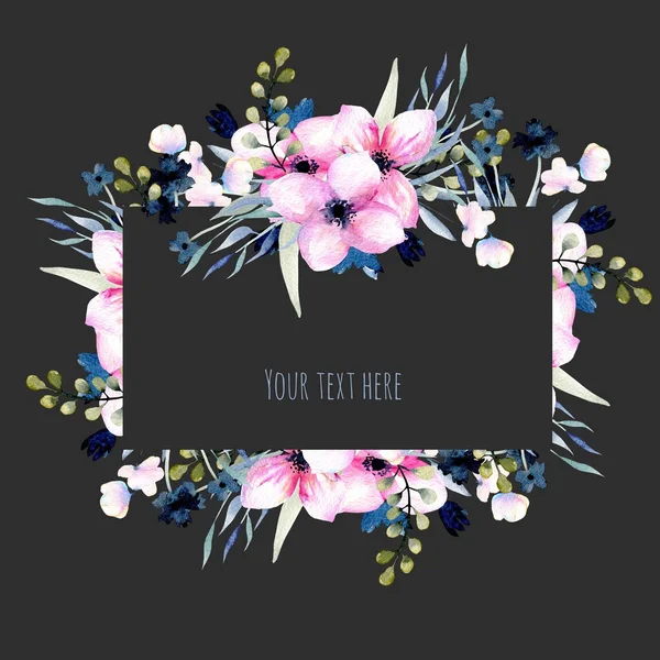 Watercolor Pink Blue Wildflowers Branches Frame Hand Drawn Isolated Dark — Stock Photo, Image