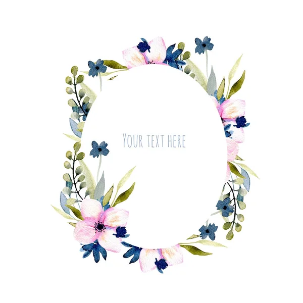 Watercolor Wildflowers Branches Oval Frame Pink Blue Shades Hand Drawn — Stock Photo, Image