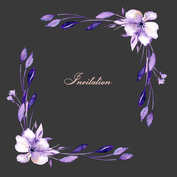 Blumeneckrand Mit Aquarell Rhododendronblumen Und Zweigen Handgezeichnet Auf Dunklem Hintergrund — Stockfoto