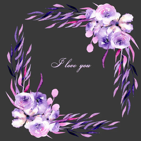 結婚式 誕生日および他のグリーティング カードのための暗い背景に描かれた手水彩紫色のバラ シャクナゲの花と枝 — ストック写真