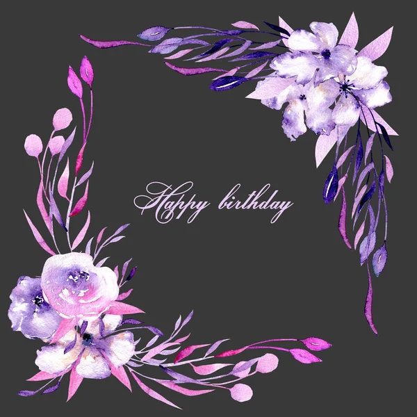 Corner border with watercolor purple roses, rhododendron flowers and branches, hand drawn on a dark background, for wedding, birthday and other greeting cards