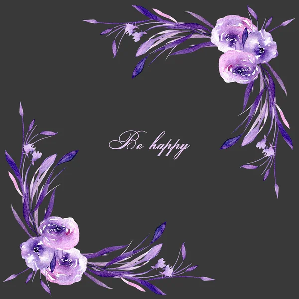 フレーム水彩紫色のバラと枝 結婚式 誕生日および他のグリーティング カードのための暗い背景に描かれた手 — ストック写真