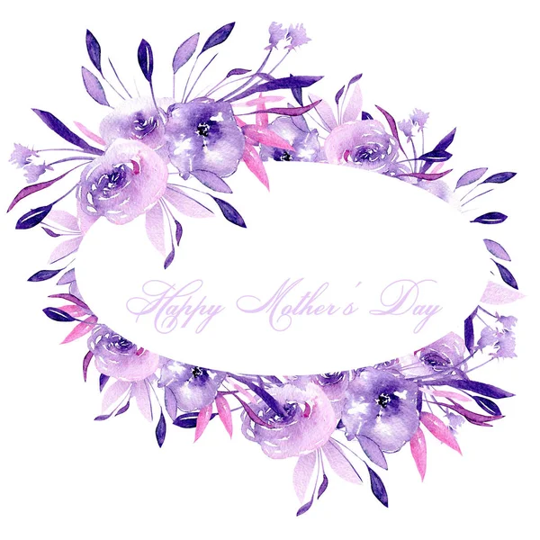 Oval frame border with watercolor purple roses and branches, hand drawn on a white background, for wedding, birthday and other greeting cards