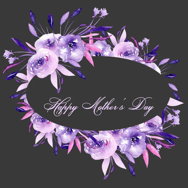 Borde Marco Oval Con Rosas Ramas Color Púrpura Acuarela Dibujado — Foto de Stock