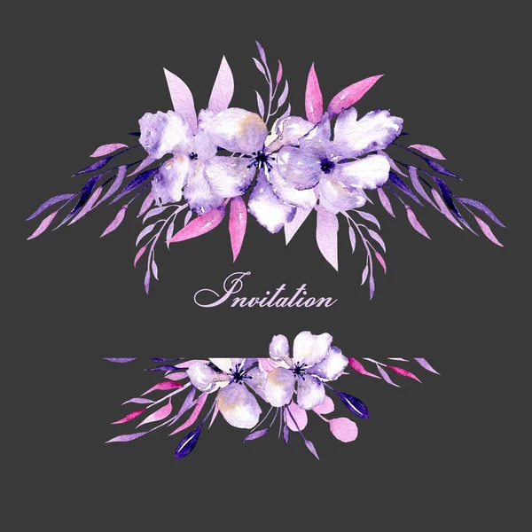 Rahmenrand Mit Aquarellrosen Rhododendronblumen Und Zweigen Handgezeichnet Auf Dunklem Hintergrund — Stockfoto