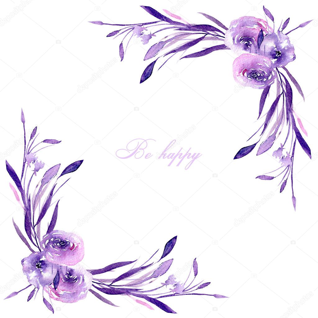 Corner border, frame with watercolor purple roses and branches, hand drawn on a white background, for wedding, birthday and other greeting cards 