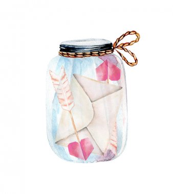 Sulu boya cam kavanoz mektup ve arrowa illüstrasyon, el ile boyalı izole Sevgililer günü tebrik kartı, beyaz bir arka plan üzerinde parmak izi kartı, romantik düğün