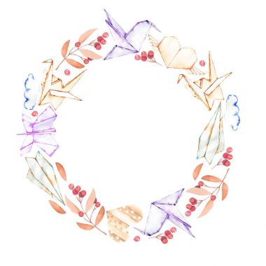 Beyaz bir arka plan üzerine boyalı el suluboya kağıt origami ve dal ile kırmızı meyveler çelenk,