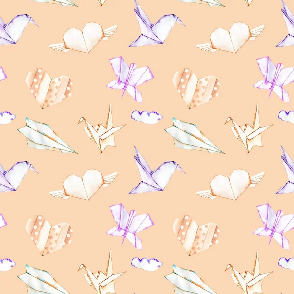 Watercolor Paper Origami Illustrations Seamless Pattern Hand Painted Pink Background — Stock Photo, Image