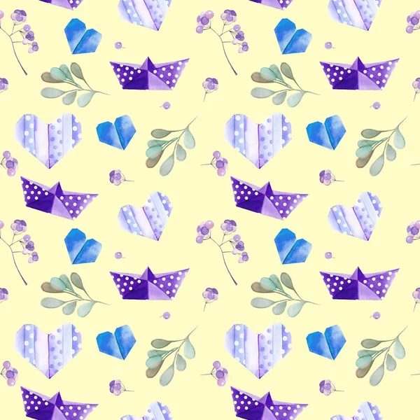 Aquarell Blaues Papier Origami Und Florale Elemente Nahtlose Muster Von — Stockfoto
