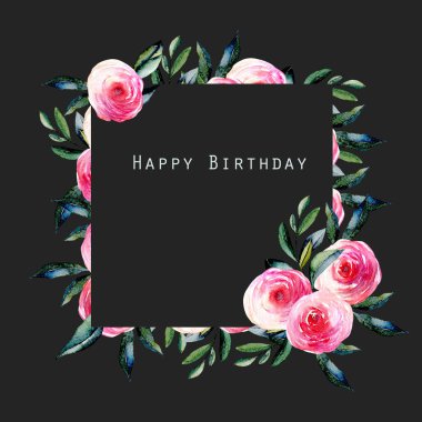 Karanlık bir arka plan, doğum günü ve diğer tebrik kartları üzerinde çizilmiş El suluboya kırmızı gül ve yeşil yaprakları kare çerçeve, 
