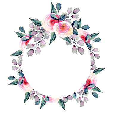 Sulu Boya güzel gül, mavi ve mor dalları daire çerçeve, elle çizilmiş beyaz bir arka plan, doğum günü ve diğer tebrik kartları 