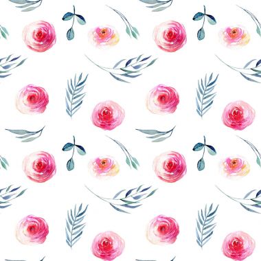 Suluboya kırmızı gül, mavi yapraklar ve seamless modeli, elle beyaz bir arka plan üzerinde çizilmiş şubeleri