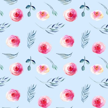 Suluboya kırmızı gül, mavi yapraklar ve seamless modeli, elle mavi bir arka plan üzerinde çizilmiş şubeleri