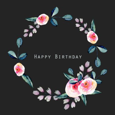 Sulu Boya güzel gül, mavi ve mor dalları çelenk, elle çizilmiş karanlık bir arka plan, doğum günü ve diğer tebrik kartları 