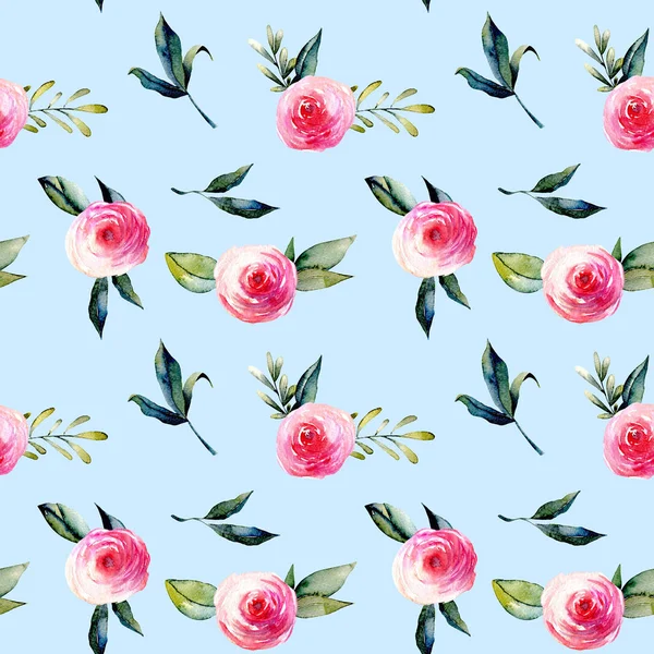 Watercolor Red Roses Green Leaves Branches Bouquets Seamless Pattern Hand — Stock Photo, Image