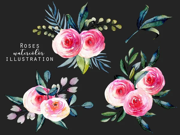 Watercolor red roses and green leaves bouquets set, hand drawn isolated on a dark background