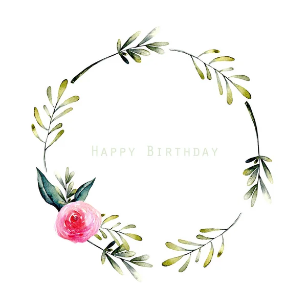 Watercolor red rose and green branches wreath, hand drawn on a white background, birthday and other greeting cards