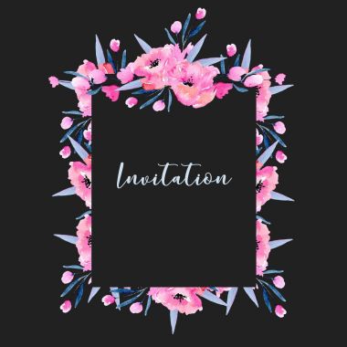Sulu boya pembe haşhaş ve çiçek dalları çerçeve kenarlığı, el karanlık bir arka plan, davet ve diğer tebrik kartları üzerinde çizilmiş 