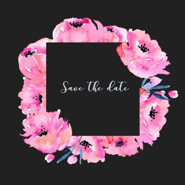 Sulu boya pembe haşhaş çerçevesi, elle çizilmiş, davet, karanlık bir arka plan kaydetme tarihi bildirimi kartı ve diğer tebrik kartları 