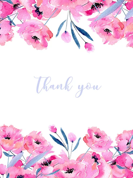 水彩粉红色罂粟和花卉分行卡模板 手绘白色背景 谢谢你卡设计和其他贺卡 — 图库照片