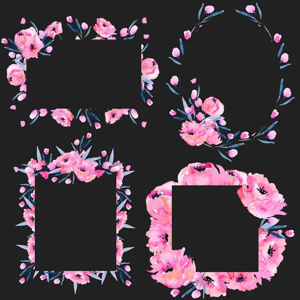 Акварельні Рожеві Маки Квіткові Гілки Колекція Рам Рука Намальована Темному — стокове фото