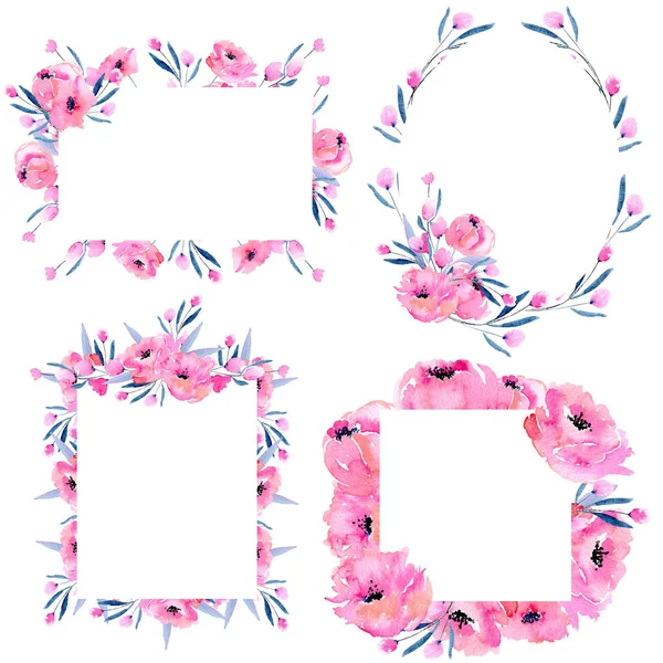 水彩粉红色的罂粟花枝框边框收集 手绘白色背景 — 图库照片