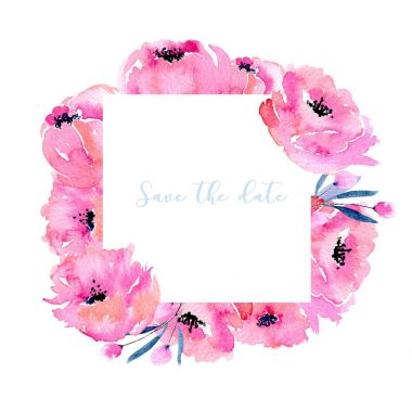 Sulu boya pembe haşhaş çerçevesi, elle çizilmiş, davet, beyaz bir arka plan kaydetme tarihi bildirimi kartı ve diğer tebrik kartları 