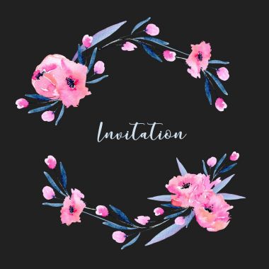 Pembe suluboya haşhaş ve küçük çiçekler çelenk, karanlık bir arka plan, anne gün, doğum günü, düğün ve diğer tebrik kartları üzerinde elle çizilmiş izole 