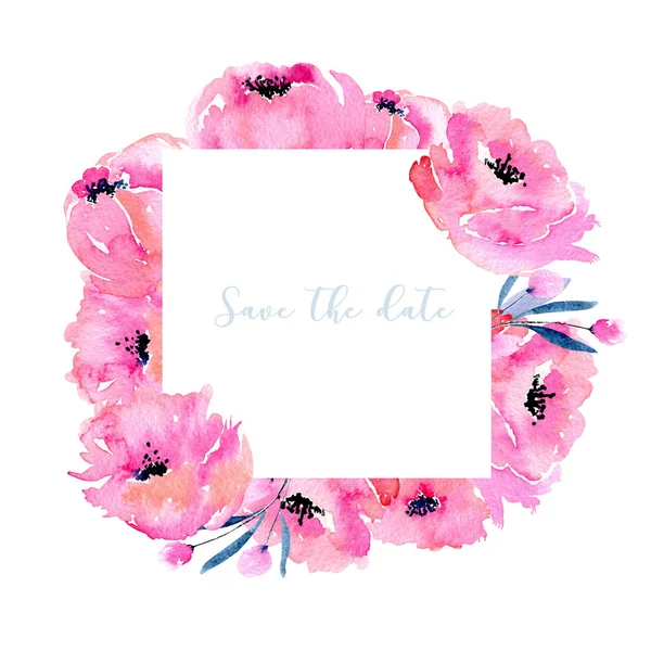 Sulu boya pembe haşhaş çerçevesi, elle çizilmiş, davet, beyaz bir arka plan kaydetme tarihi bildirimi kartı ve diğer tebrik kartları 