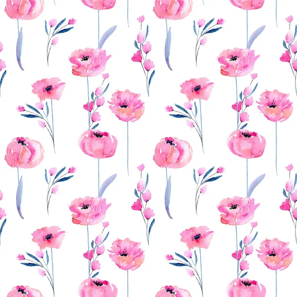 Watercolor Pink Poppies Floral Branches Seamless Pattern Hand Drawn White — Stock Photo, Image