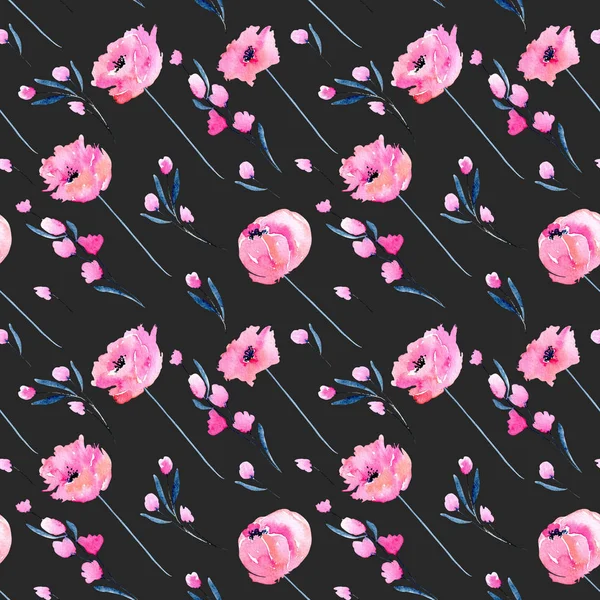 Watercolor Pink Poppies Floral Branches Seamless Pattern Hand Drawn Dark — Stock Photo, Image
