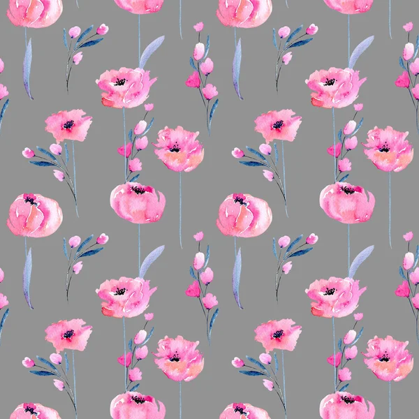 Watercolor Pink Poppies Floral Branches Seamless Pattern Hand Drawn Grey — Stock Photo, Image