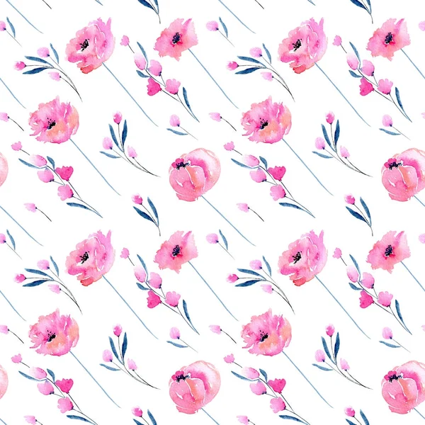 Watercolor Pink Poppies Floral Branches Seamless Pattern Hand Drawn White — Stock Photo, Image