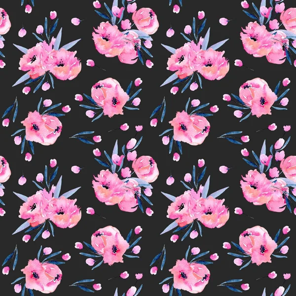 Aquarell Rosa Mohnsträuße Nahtloses Muster Von Hand Auf Dunklem Hintergrund — Stockfoto