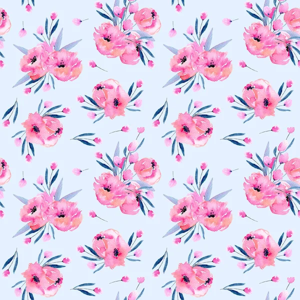 Watercolor Pink Poppies Bouquets Seamless Pattern Hand Drawn Blue Background — Stock Photo, Image