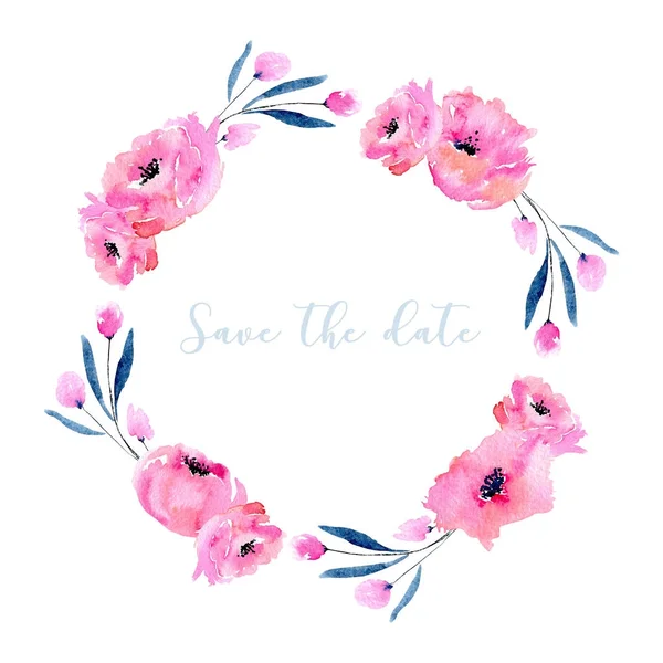 Watercolor Pink Poppies Blue Branches Wreath Hand Drawn Isolated White — Stock Photo, Image